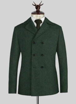 Bottle Green Herringbone Tweed Pea Coat
