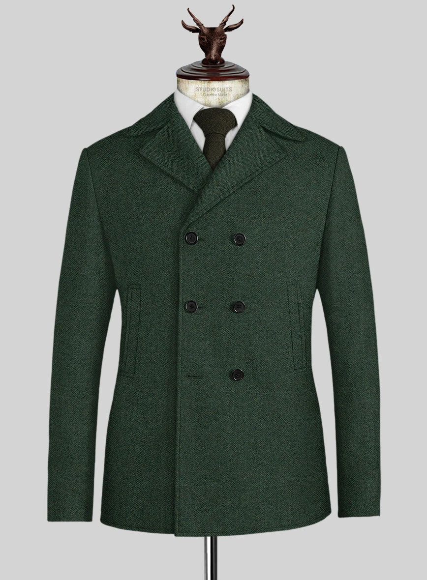 Bottle Green Herringbone Tweed Pea Coat 1 Bottle Green Herringbone Tweed Pea Coat