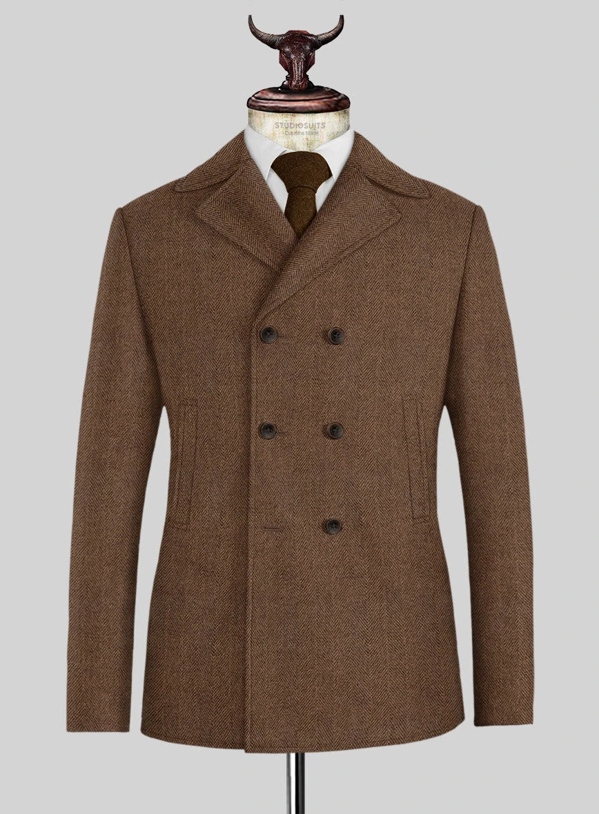 Naples Wide Herringbone Tan Tweed Pea Coat 1 Naples Wide Herringbone Tan Tweed Pea Coat