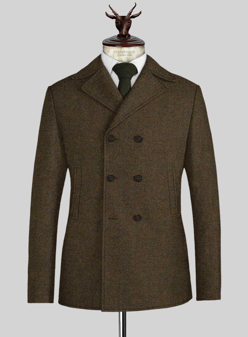 Bottle Brown Herringbone Tweed Pea Coat 1 Bottle Brown Herringbone Tweed Pea Coat