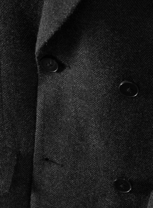 Charcoal Herringbone Tweed Double Breasted Overcoat II 2 Charcoal Herringbone Tweed Double Breasted Overcoat II - Image 2