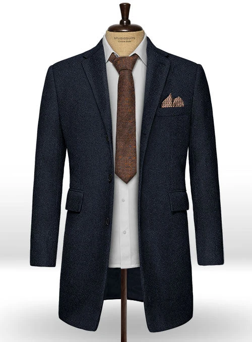 Deep Blue Herringbone Tweed Overcoat 3 Deep Blue Herringbone Tweed Overcoat - Image 3