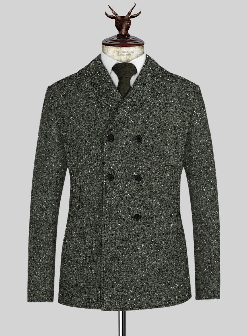 Dark Olive Flecks Donegal Tweed Pea Coat 1 Dark Olive Flecks Donegal Tweed Pea Coat