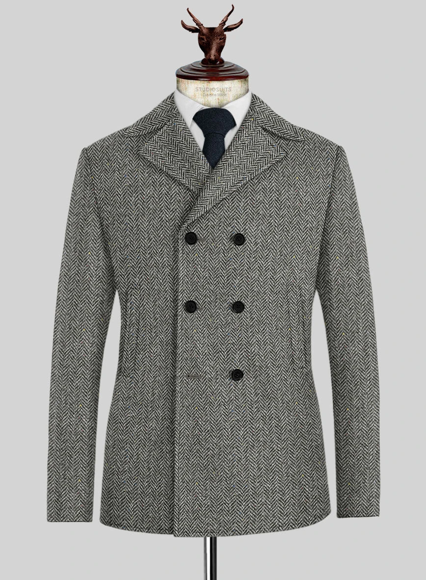 Harris Tweed Gray Chevron Pea Coat 1 Harris Tweed Gray Chevron Pea Coat