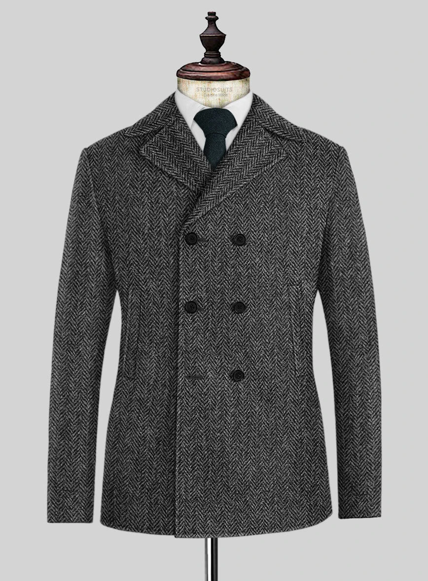 Harris Tweed Dark Gray Herringbone Pea Coat 1 Harris Tweed Dark Gray Herringbone Pea Coat