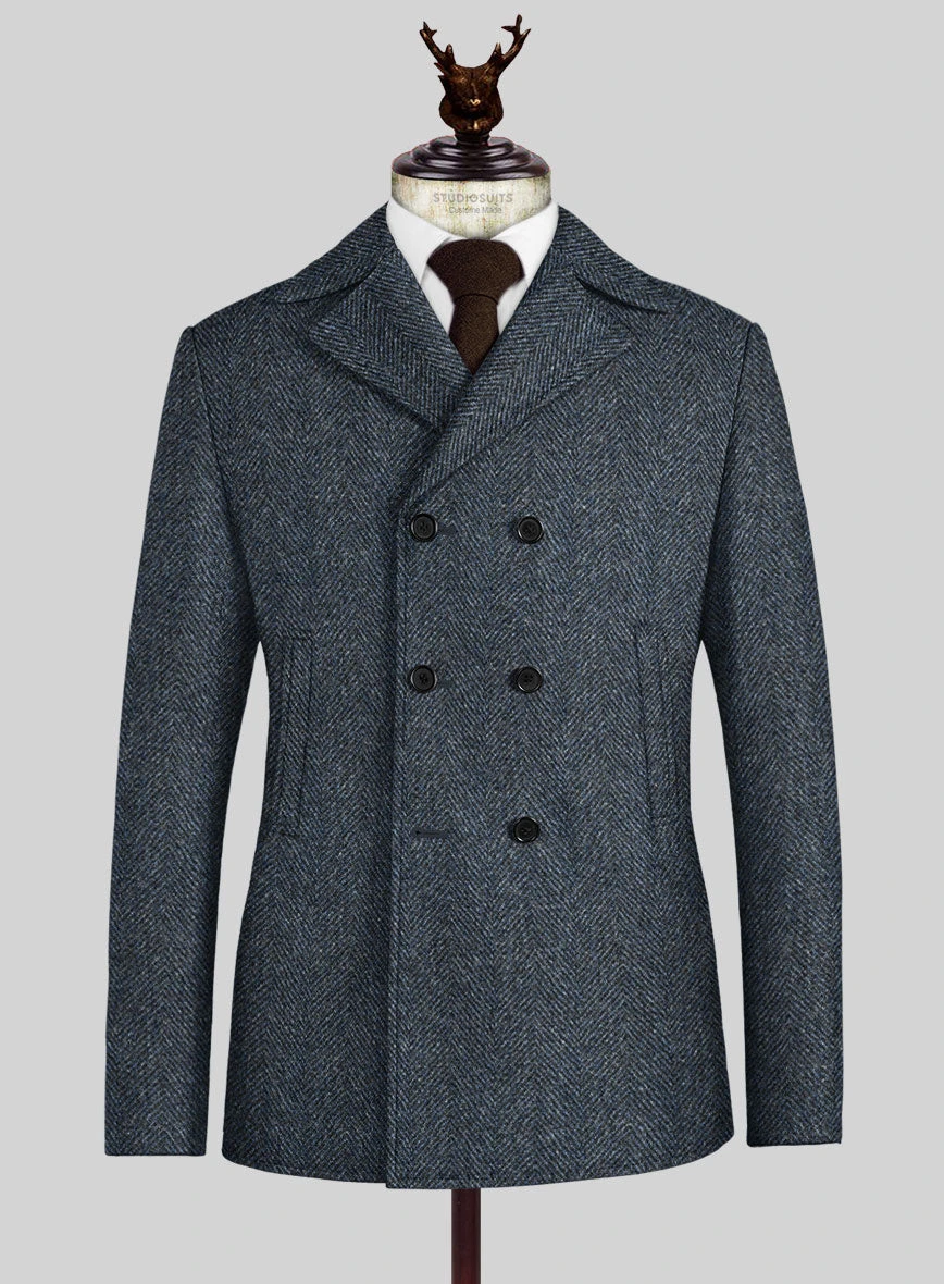 Harris Tweed Wide Herringbone Blue Pea Coat 1 Harris Tweed Wide Herringbone Blue Pea Coat