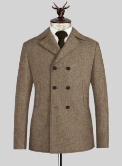 Irish Brown Herringbone Tweed Pea Coat