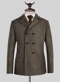 Naples Wide Herringbone Brown Tweed Pea Coat