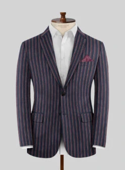 Noble Beatrily Blue Stripe Wool Silk Linen Jacket